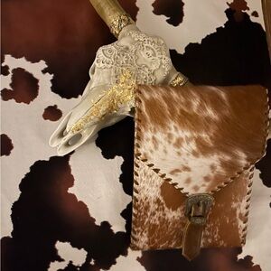 Brown and White Cowhide Leather Pouch